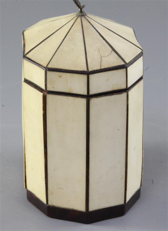 A George III inlaid ivory and tortoiseshell tea caddy, width 5.25in. depth 3.5in. height 5.5in.